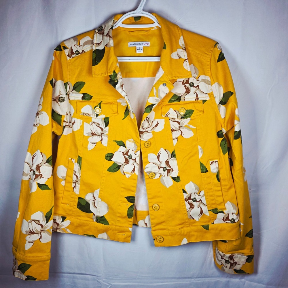 Isaac Mizrahi Live! Floral Denim Jacket A255687 Women 12 Yellow Magnolia